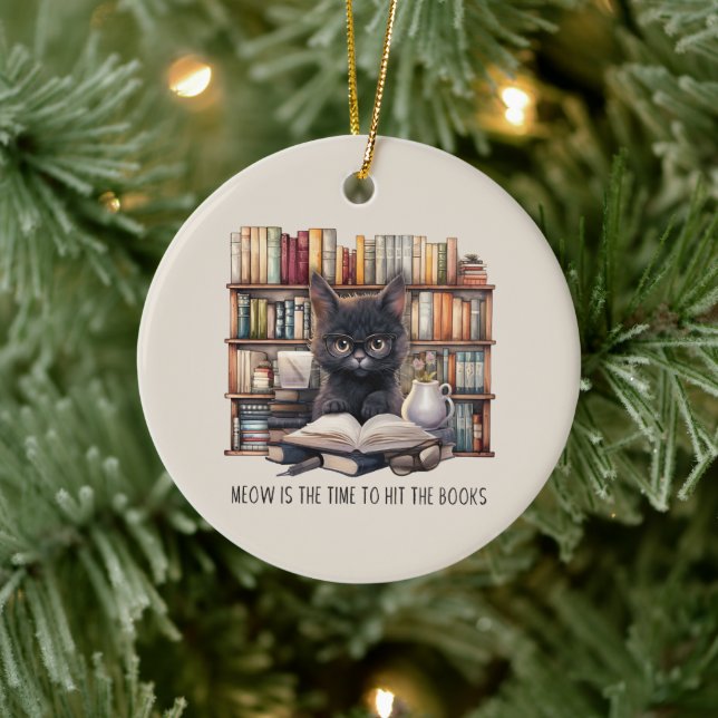Meow Is The Time To Hit The Books Ceramic Ornament (Tree)