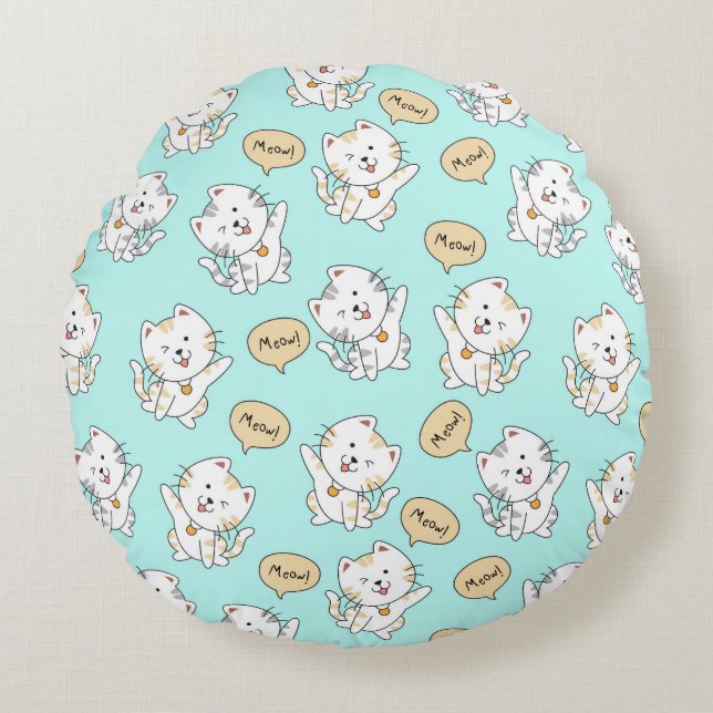 Meow Kittens Pattern – Cute Cat Round Pillow (Front)