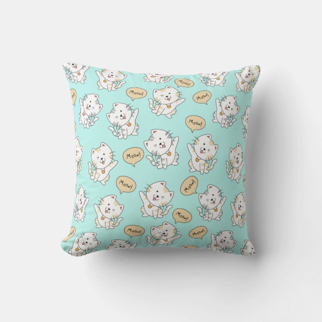 Meow Kittens Pattern – Cute Cat Throw Pillow (Front)