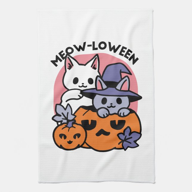 Meow-Loween - Cute Halloween Cat Design Kitchen Towel (Vertical)