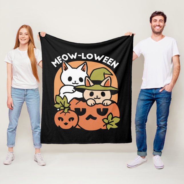 Meow-Loween - Festive Halloween Cat Design Fleece Blanket (In Situ)