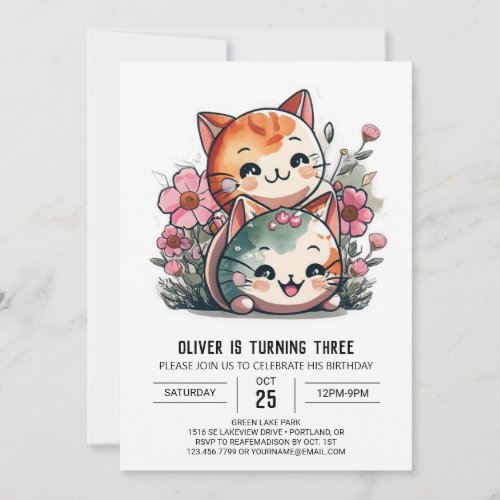 Meow Magic Watercolor Birthday Invitation