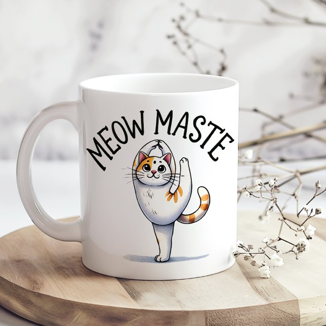 "Meow Maste" Funny Cat Lover's Coffee Mug ("Meow Maste" Funny Cat Lover's Coffee Mug on a boho kitchen table with tiny flowers)