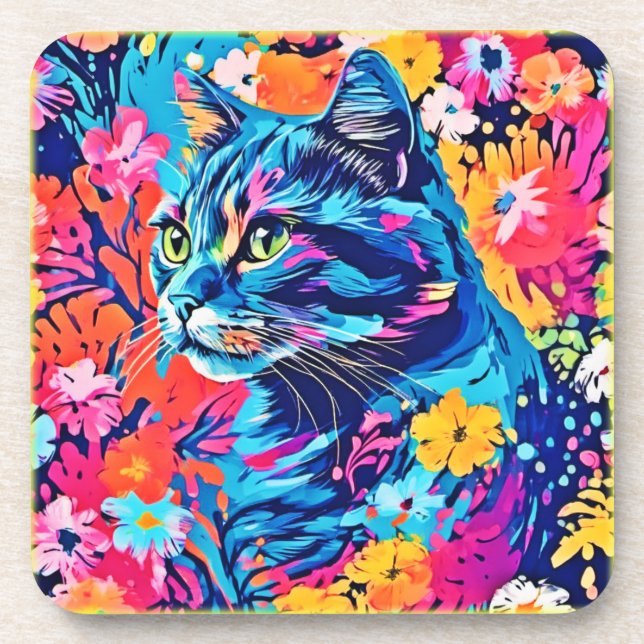 Meow Masterpieces: Optimal Cat Paint Art Beverage Coaster (Front)