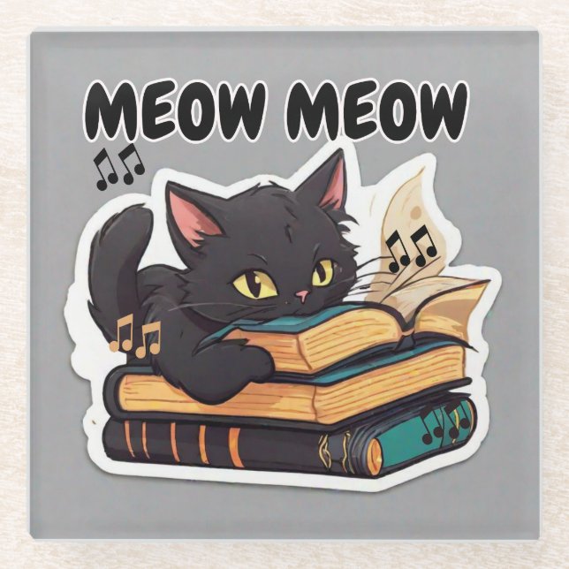 Meow Meow Cat Reading Book Glass Coaster (Front)