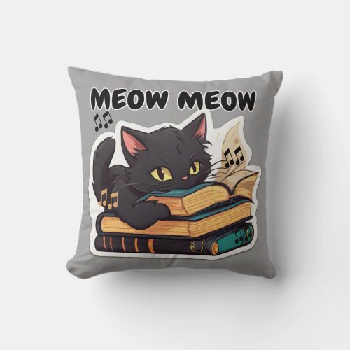 Meow Meow Cat Reading Book Throw Pillow