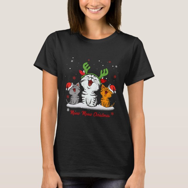 Meow Meow Christmas Cat Wear Reindeer T-Shirt (Front)