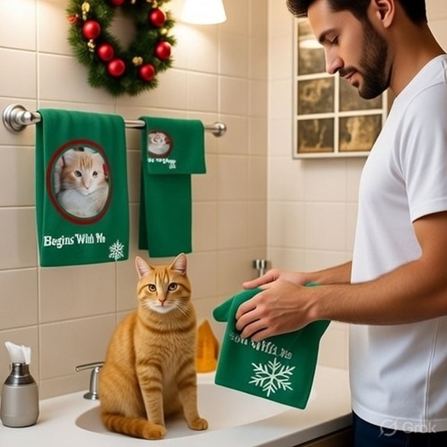 Meow Merry Christmas Photo Customize Bath Towel Set (Creator Uploaded)