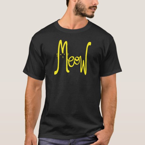 Meow Minimal Yellow Modern Script Cat Typography T_Shirt