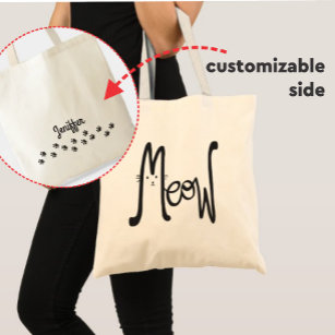 MEOW Minimalist Black Cat Two Sided Typography  Tote Bag