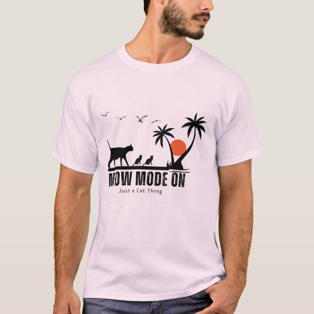 Meow Mode On – Tropical Cat Beach Adventure Design T-Shirt (Front)
