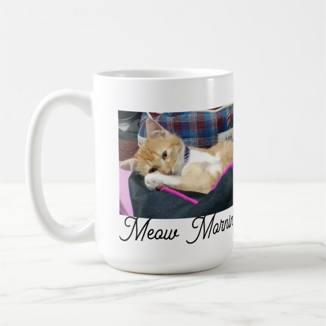 Meow Morning , photo,text, back text, replacable  Coffee Mug (Left)