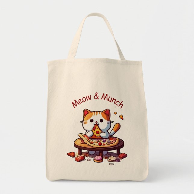 Meow & Munch Pizza Cat Tote Bag (Front)