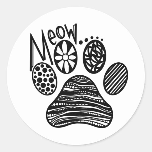 MEOW Paw Print Black and White Round Sticker