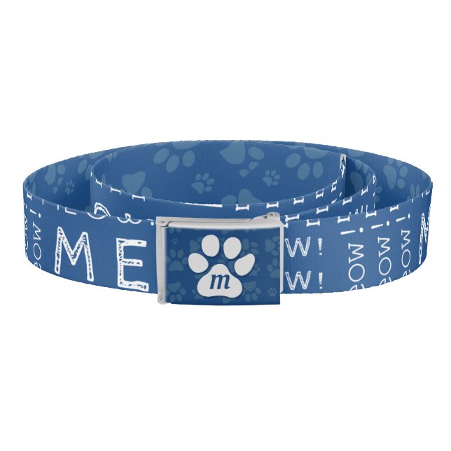 Meow Paw Print Monogrammed Blue and White Belt (Coil)