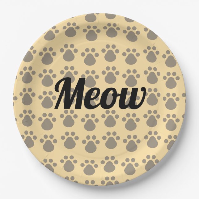 Meow, Paw Prints Paper Plates (Front)