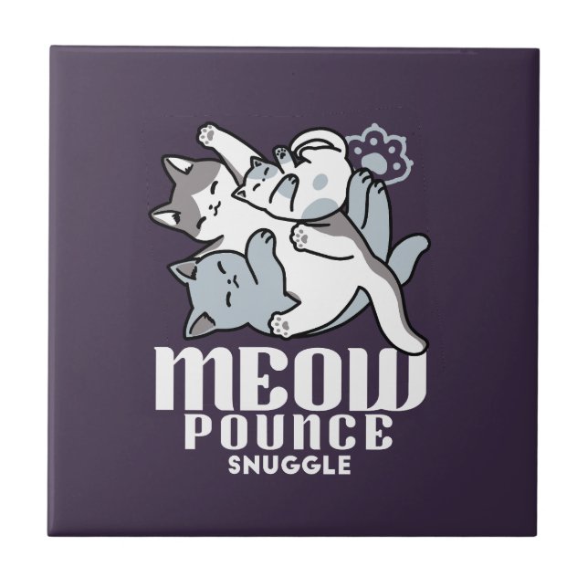 Meow Pounce Snuggle – Cute Sleeping Cats Ceramic Tile (Front)