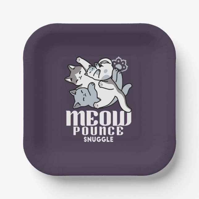 Meow Pounce Snuggle – Cute Sleeping Cats Paper Plates (Front)