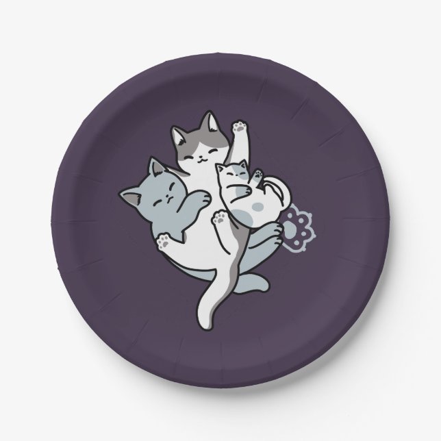 Meow Pounce Snuggle – Cute Sleeping Cats Paper Plates (Front)