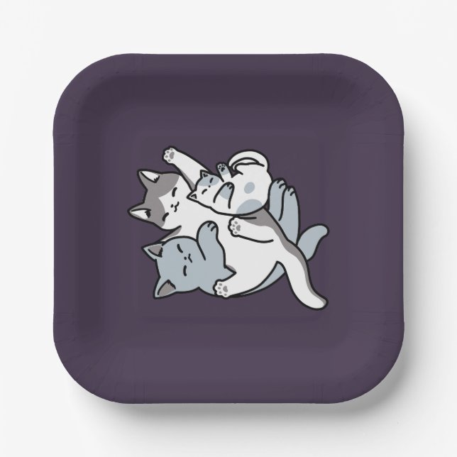 Meow Pounce Snuggle – Cute Sleeping Cats Paper Plates (Front)