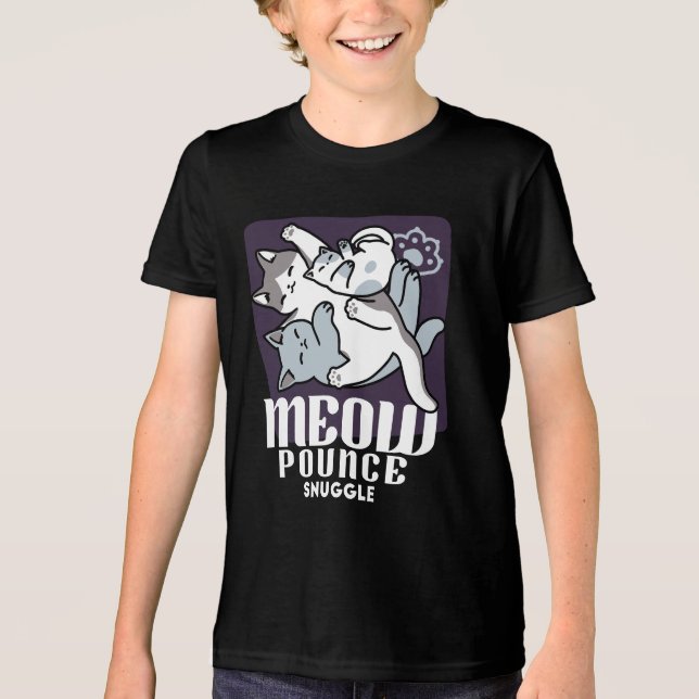 Meow Pounce Snuggle – Cute Sleeping Cats Tri-Blend Shirt (Front)