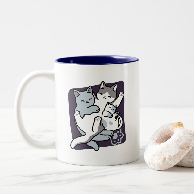 Meow Pounce Snuggle – Cute Sleeping Cats Two-Tone Coffee Mug (With Donut)