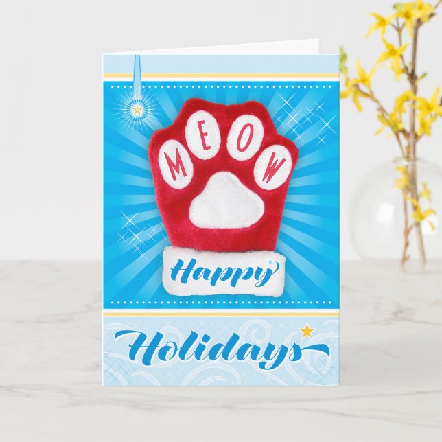 MEOW Red Paw Cat Christmas Mitten Happy Holidays Card (Yellow Flower)