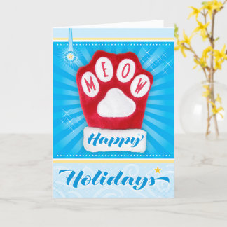 MEOW Red Paw Cat Christmas Mitten Happy Holidays Card
