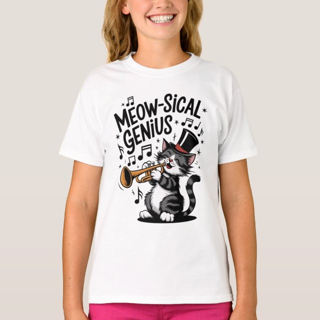 Meow-sical Genius Cute Cat Playing Trumpet Graphic T-Shirt (Front)
