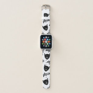 Meow Simple Modern Black White Cats Typography Apple Watch Band