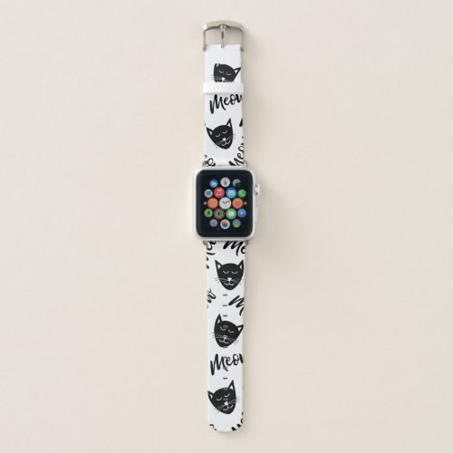 Meow Simple Modern Black White Cats Typography Apple Watch Band