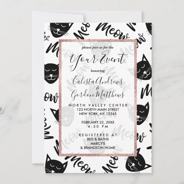 Meow Simple Modern Black White Cats Typography Invitation (Front)