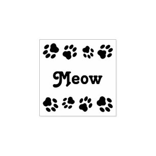 "Meow" Square Rubber Stamp with Paw Prints