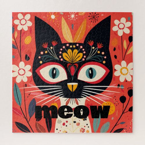 Meow_tastic Boho Retro Mid Century Floral Cat Jigsaw Puzzle