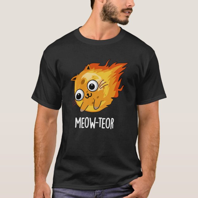 Meow-teor Funny Meteor Pun Dark BG T-Shirt (Front)