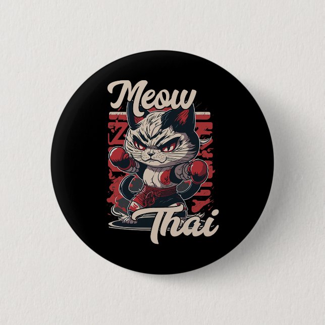 Meow Thai Fighter Cat Muay Thai Boxing Cat For Men Button (Front)