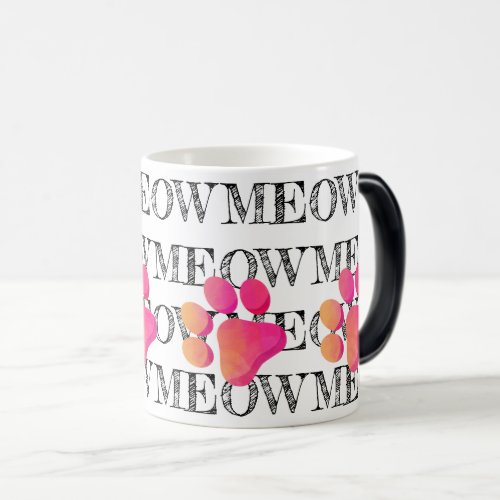 MEOW Typography Pink Cat Paw Print Pet Fun  Magic Mug