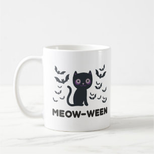 Meow-ween Delight Black Cat and Bats Halloween Coffee Mug