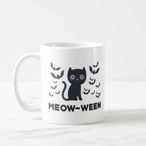 Meow_ween Delight Black Cat and Bats Halloween  Coffee Mug