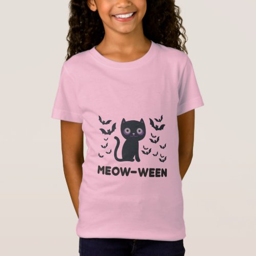 Meow_ween Delight Black Cat and Bats Halloween  T_Shirt