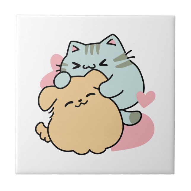 Meow & Woof Perfect Together - Cute Cat and Dog Ceramic Tile (Front)