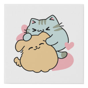 Meow & Woof Perfect Together - Cute Cat and Dog Faux Canvas Print