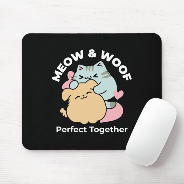 Meow & Woof Perfect Together - Cute Cat and Dog Mouse Pad (With Mouse)