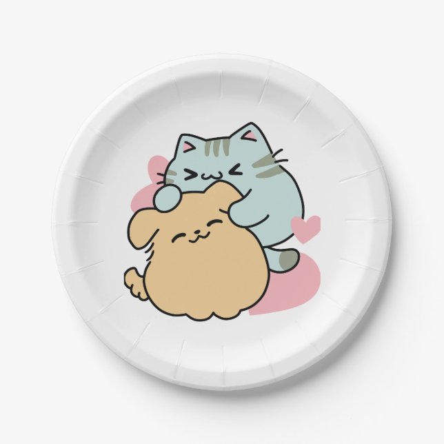 Meow & Woof Perfect Together - Cute Cat and Dog Paper Plates (Front)