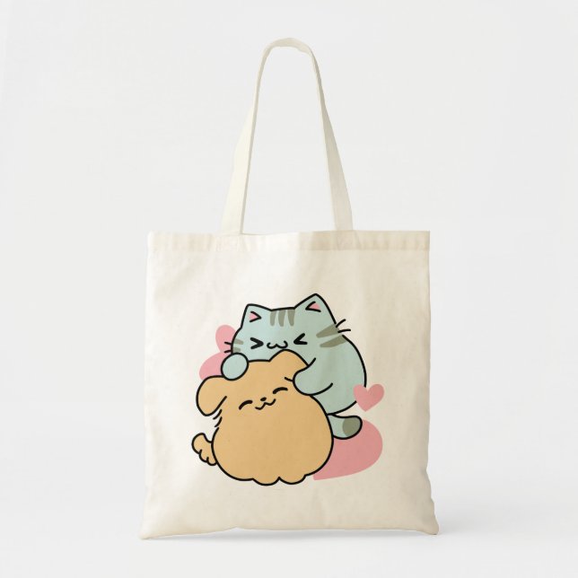 Meow & Woof Perfect Together - Cute Cat and Dog Tote Bag (Front)