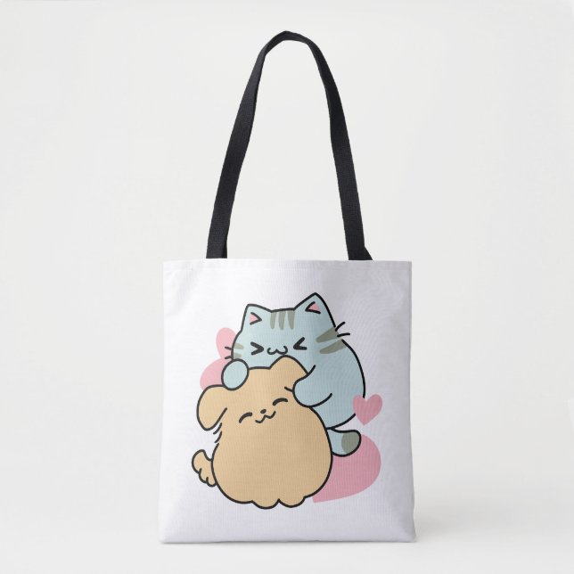 Meow & Woof Perfect Together - Cute Cat and Dog Tote Bag (Front)