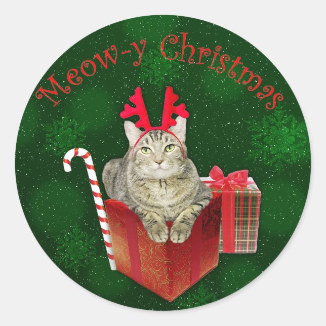 Meow-y Christmas Classic Round Sticker (Front)