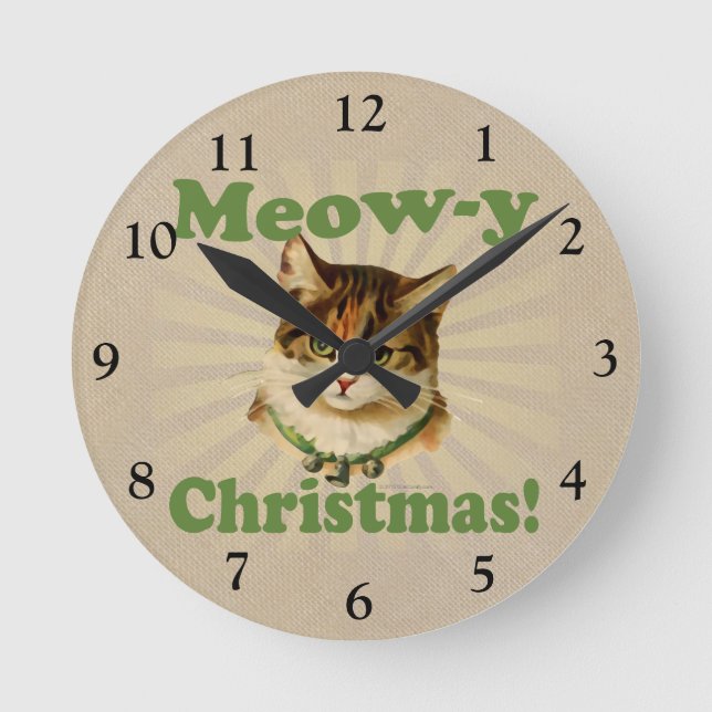 Meow-y Christmas, Cute Holiday Cat Animal Round Clock (Front)