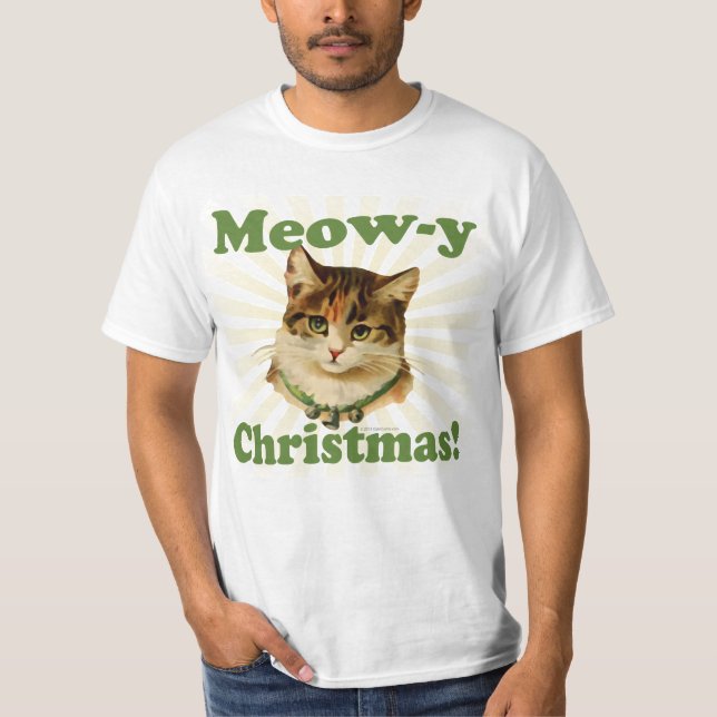 Meow-y Christmas, Cute Holiday Cat Animal T-Shirt (Front)