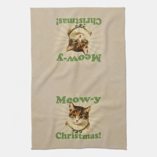 Meow-y Christmas, Cute Holiday Cat Animal Towel (Vertical)